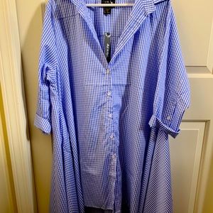 Blue gingham button up swing shirt dress